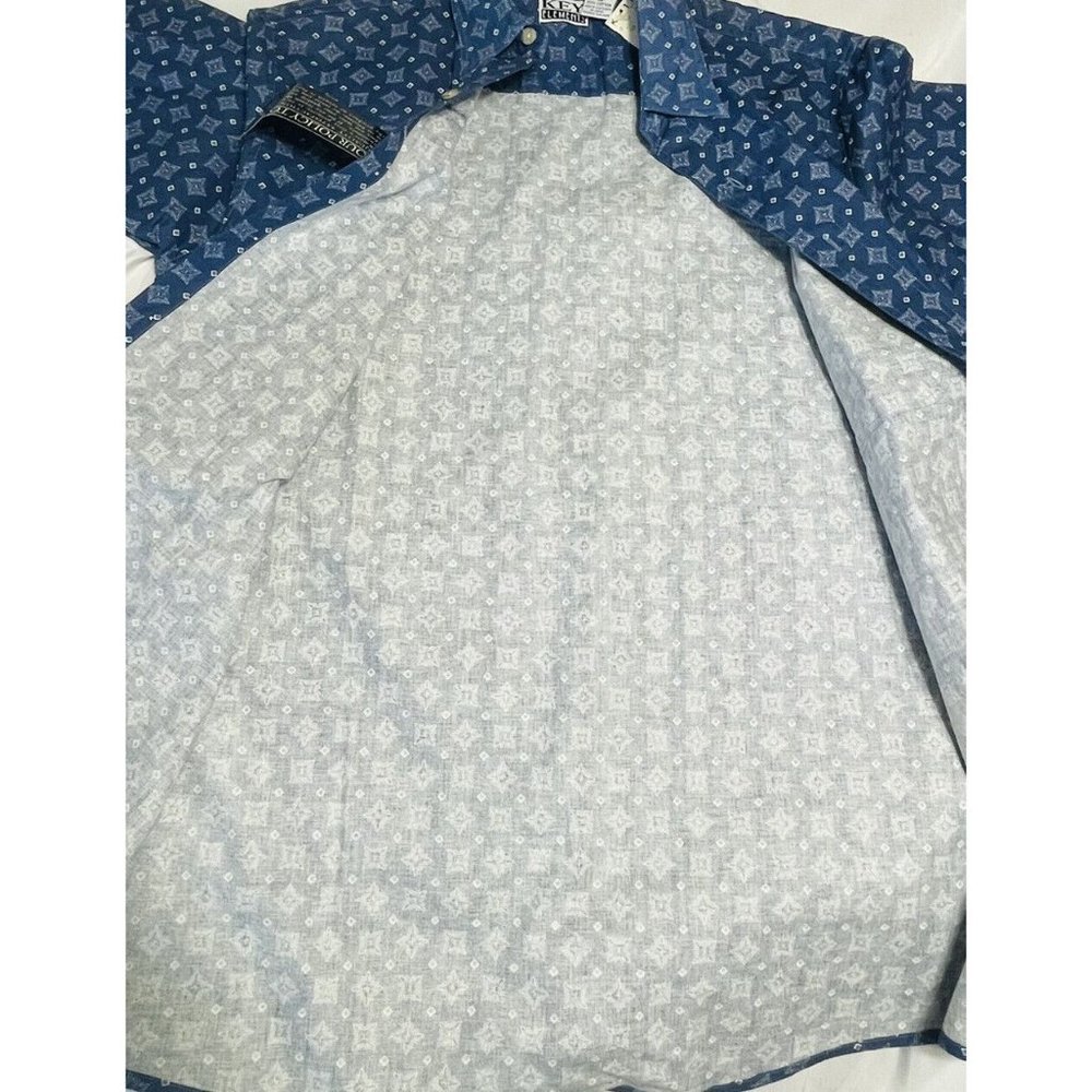 KEY Elements Vintage Short Sleeve Button Down Shirt Blue White Retro M Cotton - Picture 9 of 9